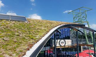 The vegetation is growing and flourishing thanks to the system build-up “Pitched Green Roof”. Pitched green roof in full bloom